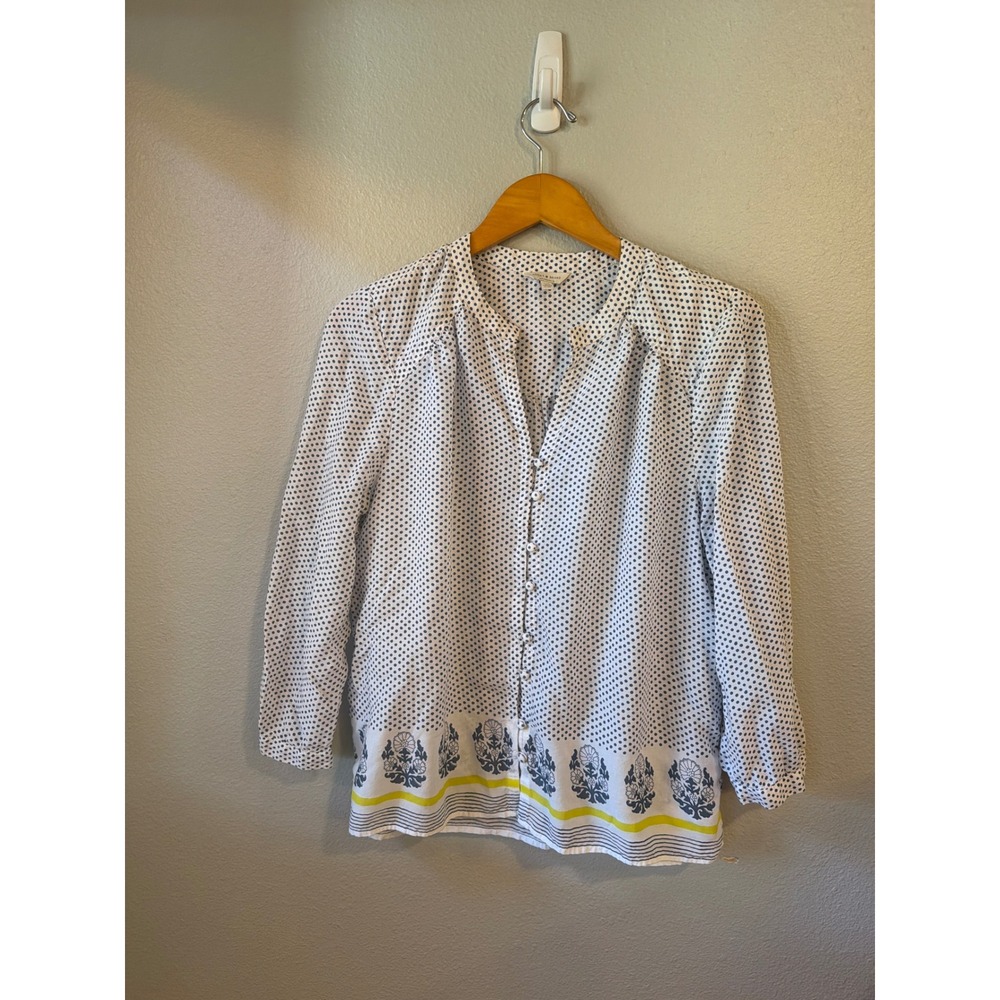 Lucky Brand Blouse Womens Lg Polka Dot Floral Border‎ Button Up Boho